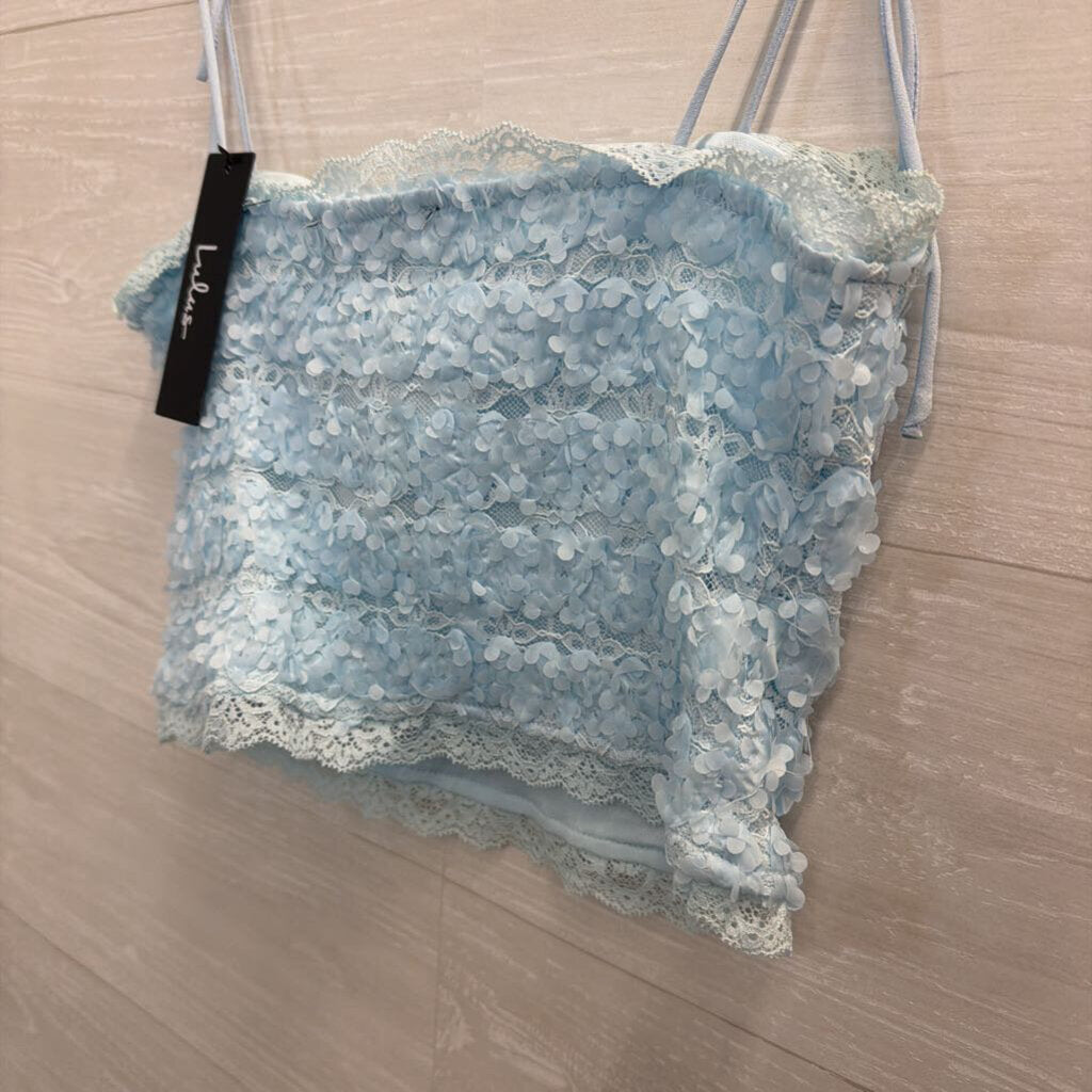 Lulus Blue Textured Floral Cropped Tank Top Small