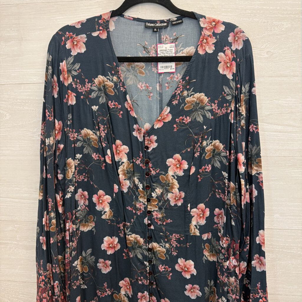 Tolani Collection Blue/ Pink Floral Print Long Sleee Dress Extra Large