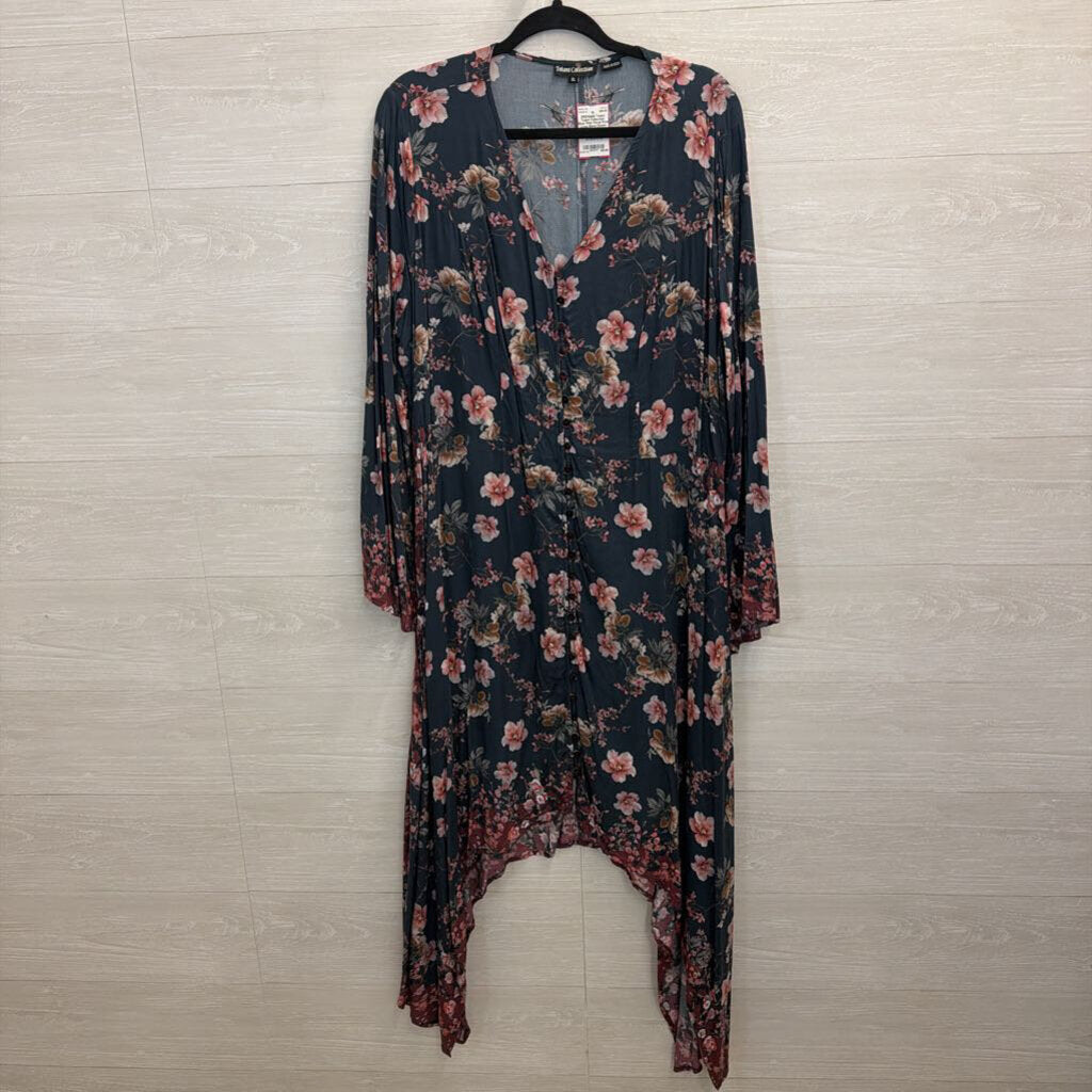 Tolani Collection Blue/ Pink Floral Print Long Sleee Dress Extra Large