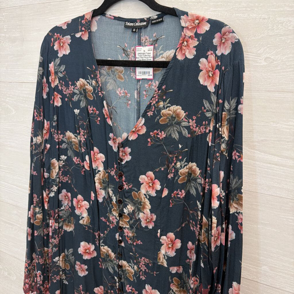 Tolani Collection Blue/ Pink Floral Print Long Sleee Dress Extra Large