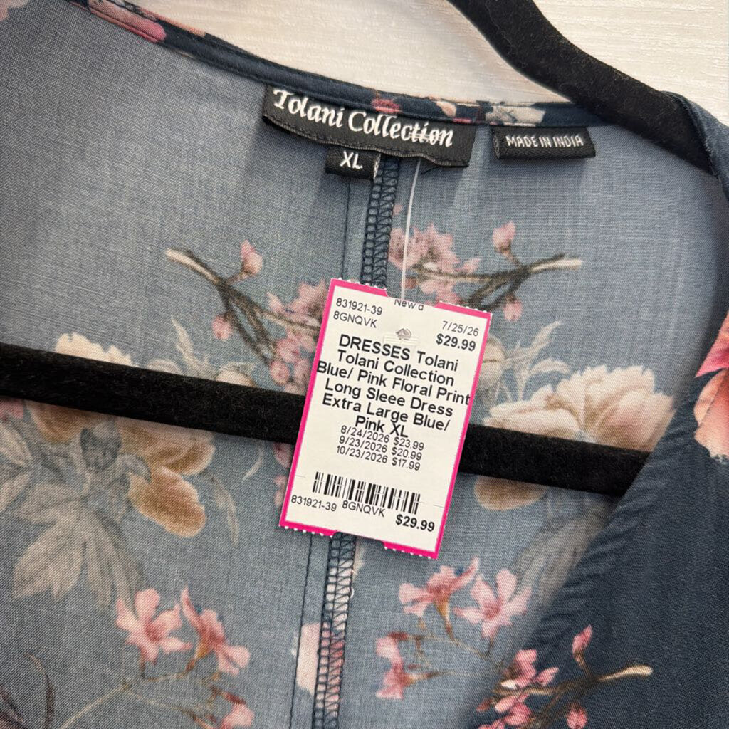 Tolani Collection Blue/ Pink Floral Print Long Sleee Dress Extra Large