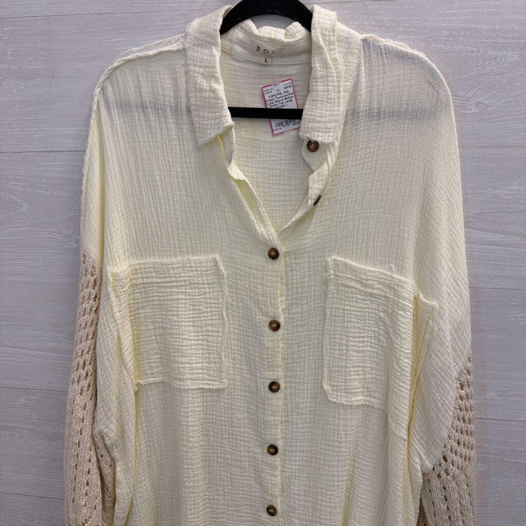 POL Cream Textured Knit Long Sleeve Button Down Top Large