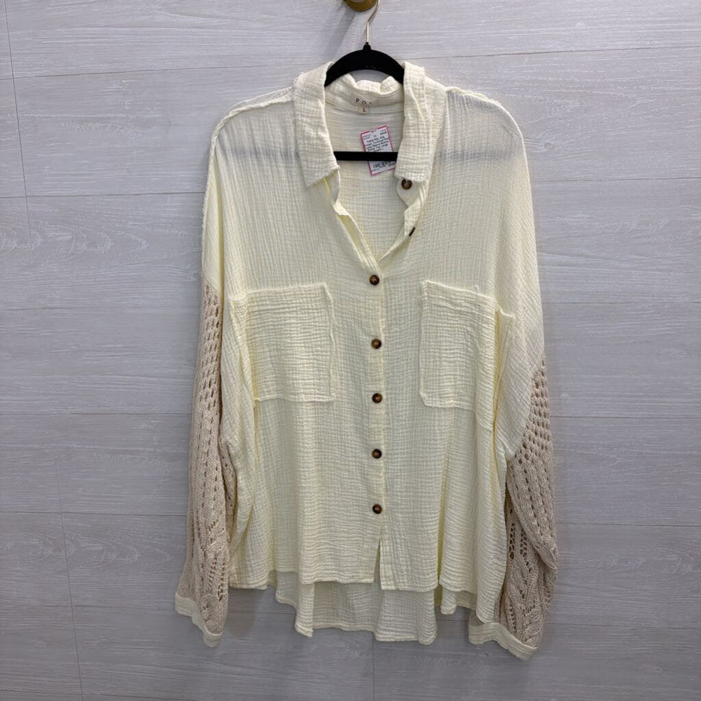 POL Cream Textured Knit Long Sleeve Button Down Top Large