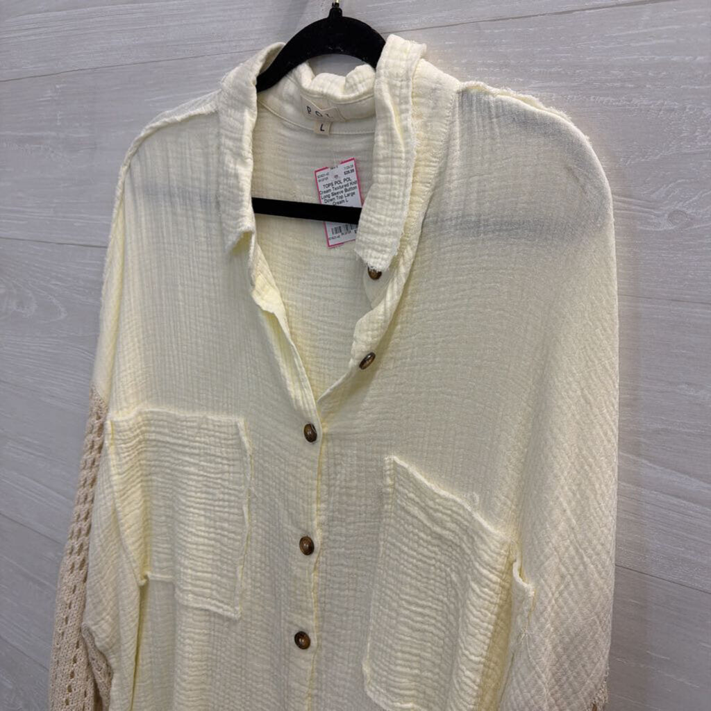 POL Cream Textured Knit Long Sleeve Button Down Top Large