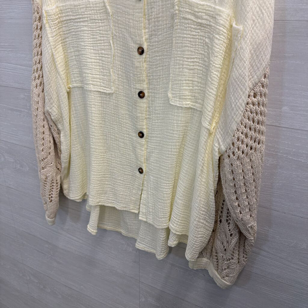 POL Cream Textured Knit Long Sleeve Button Down Top Large