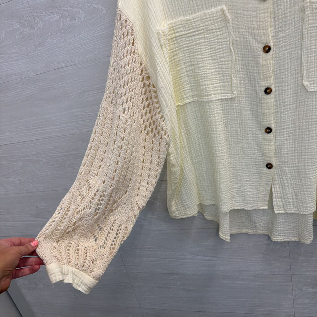POL Cream Textured Knit Long Sleeve Button Down Top Large