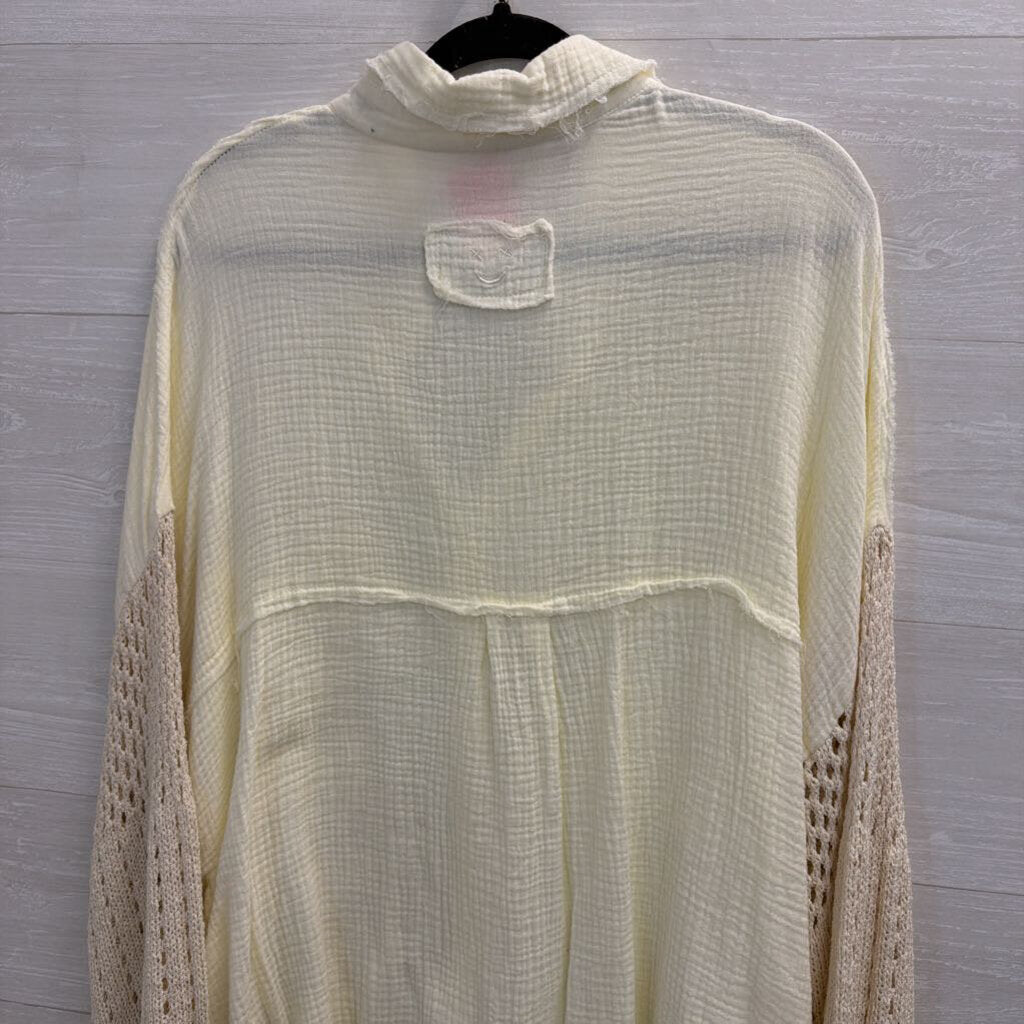 POL Cream Textured Knit Long Sleeve Button Down Top Large