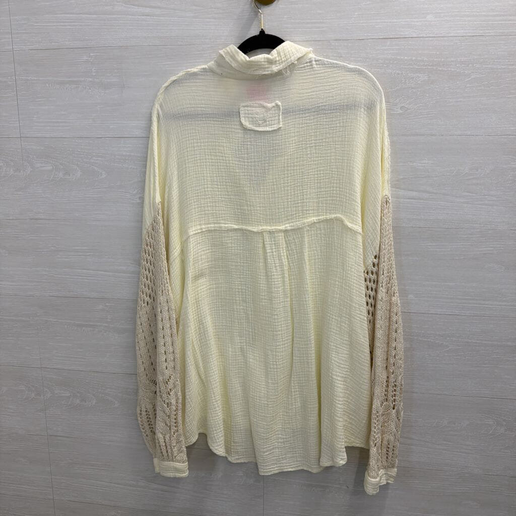 POL Cream Textured Knit Long Sleeve Button Down Top Large