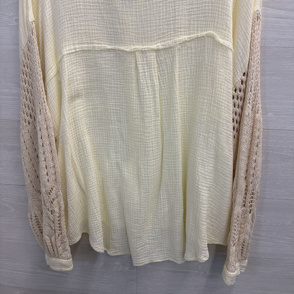 POL Cream Textured Knit Long Sleeve Button Down Top Large