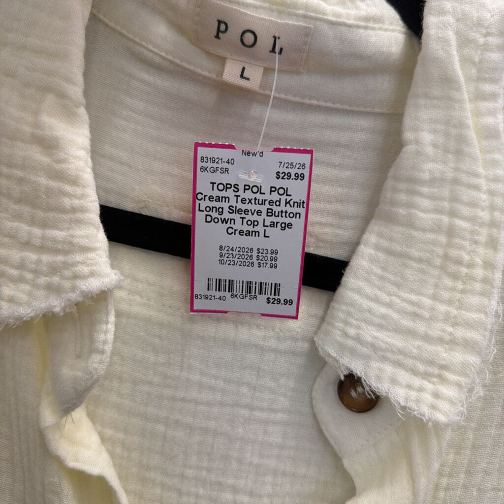POL Cream Textured Knit Long Sleeve Button Down Top Large