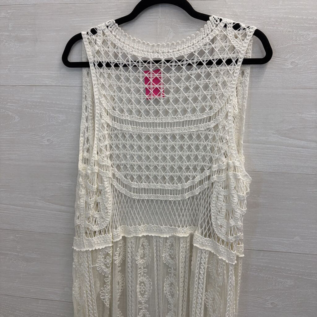 Crochet Lace Knit Sleeveless Open Front Duster One Size