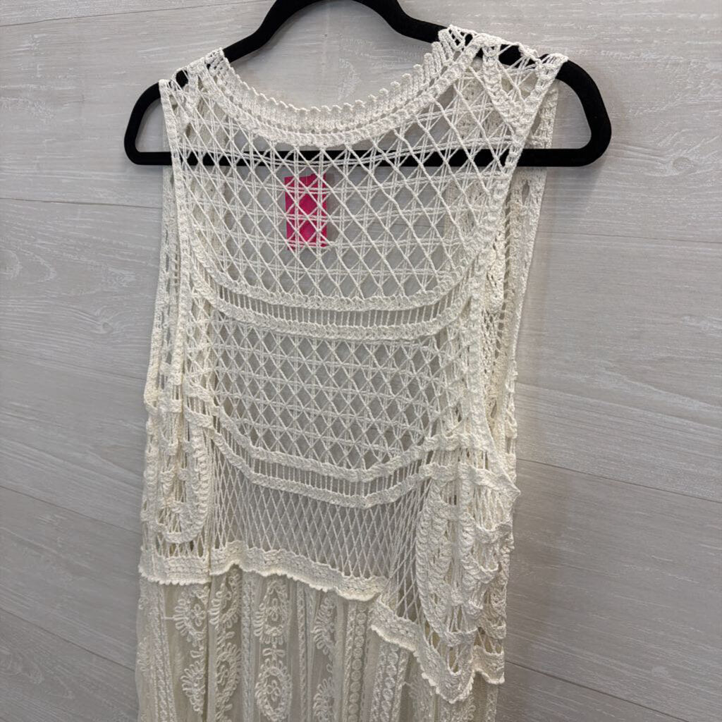 Crochet Lace Knit Sleeveless Open Front Duster One Size