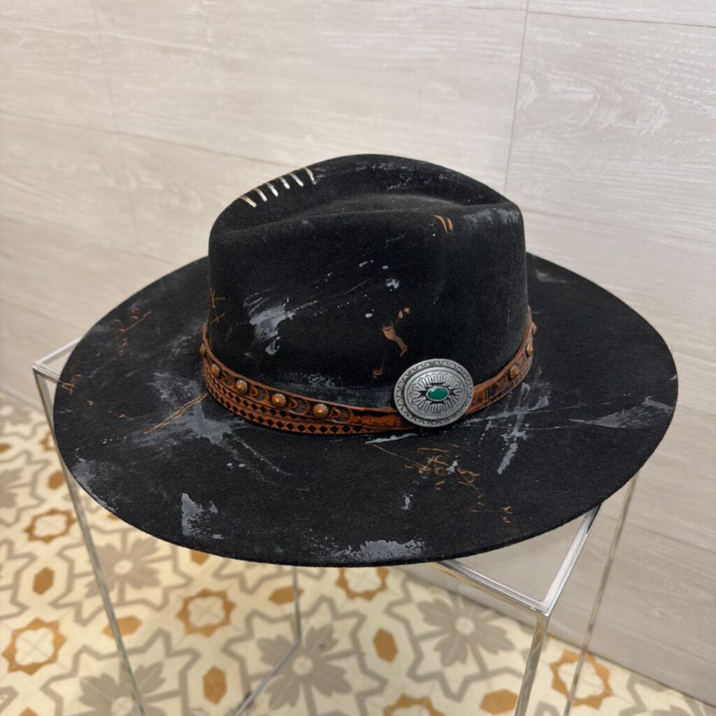 California Hat Company Black Anna Distressed Flat Brim Wool Felt Hat Medium/ Large