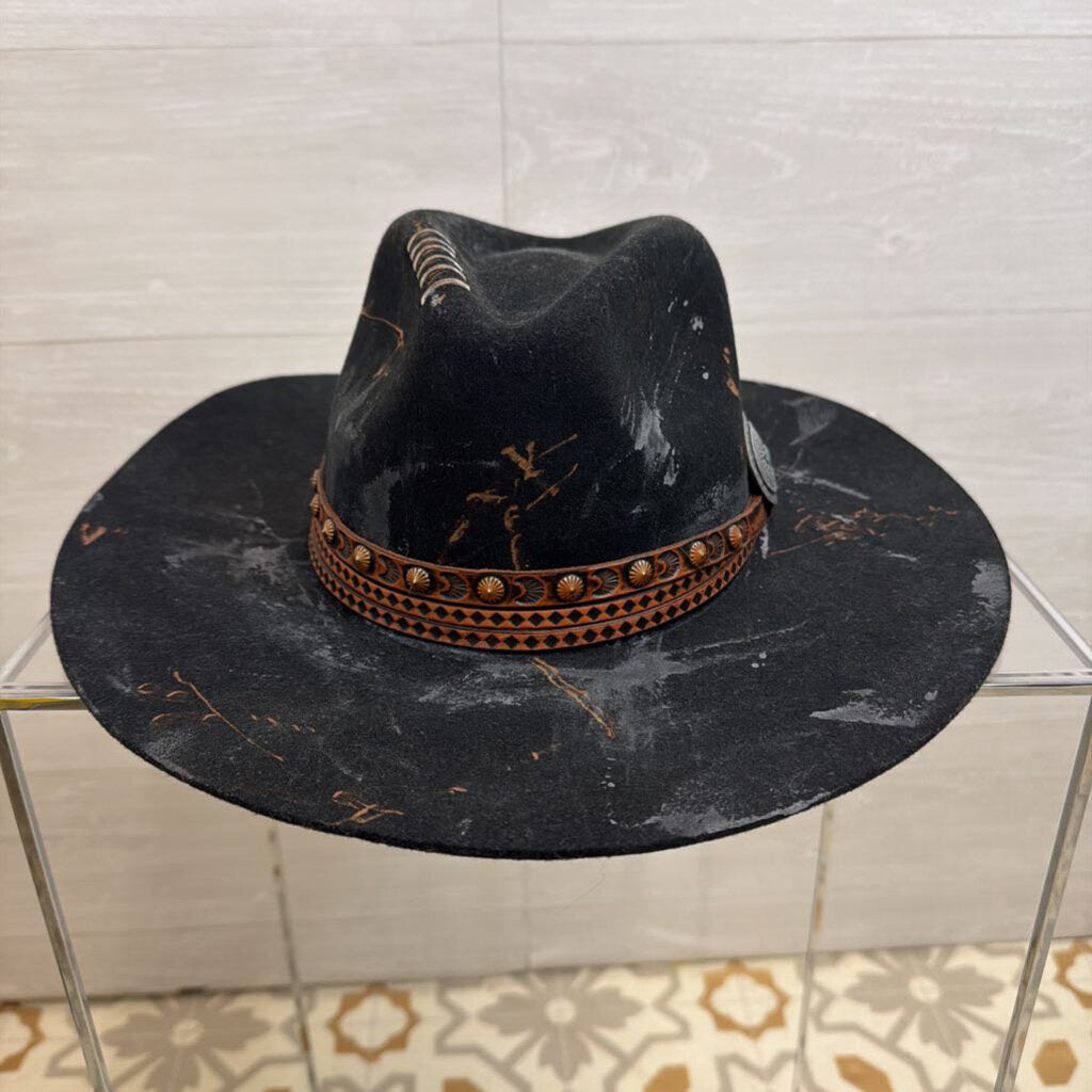 California Hat Company Black Anna Distressed Flat Brim Wool Felt Hat Medium/ Large