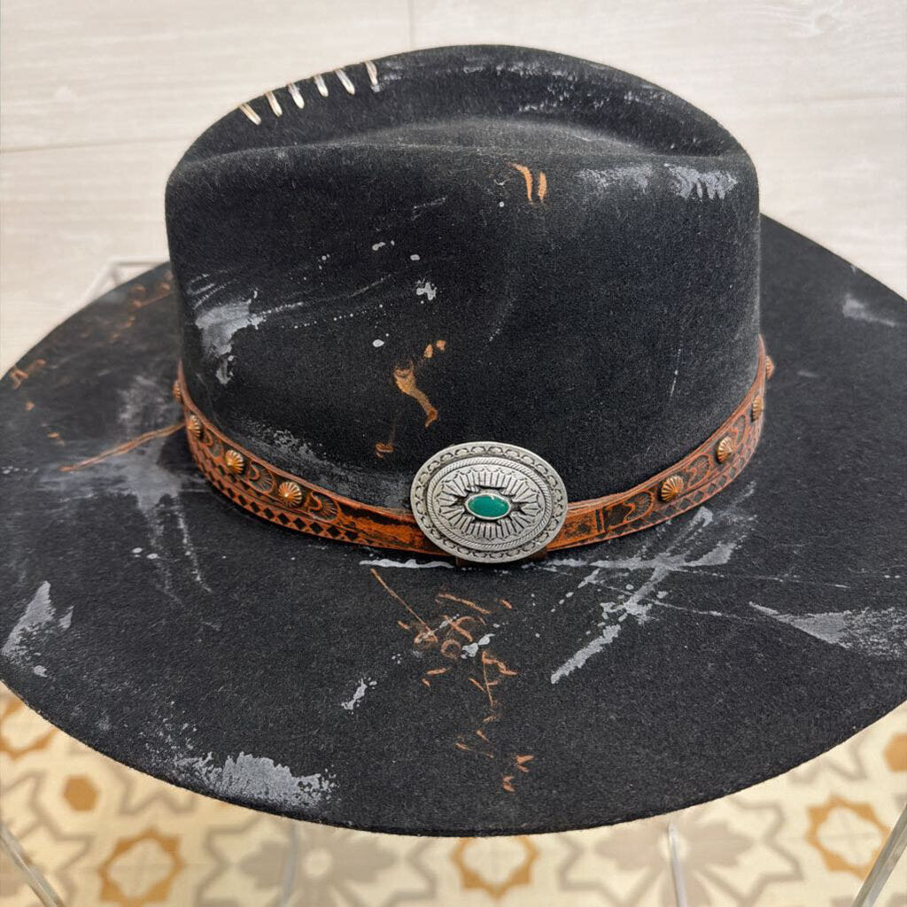 California Hat Company Black Anna Distressed Flat Brim Wool Felt Hat Medium/ Large