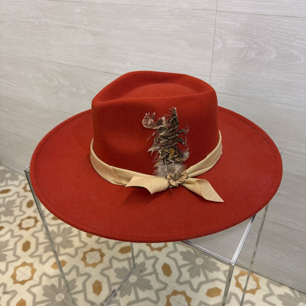 Orange Felt Wide Brim Feather Detail Hat One Size