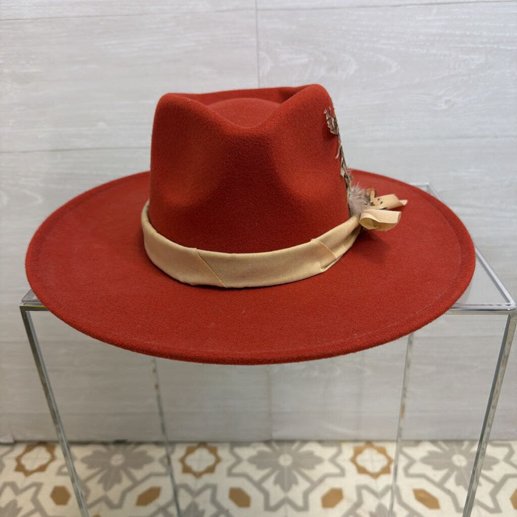Orange Felt Wide Brim Feather Detail Hat One Size