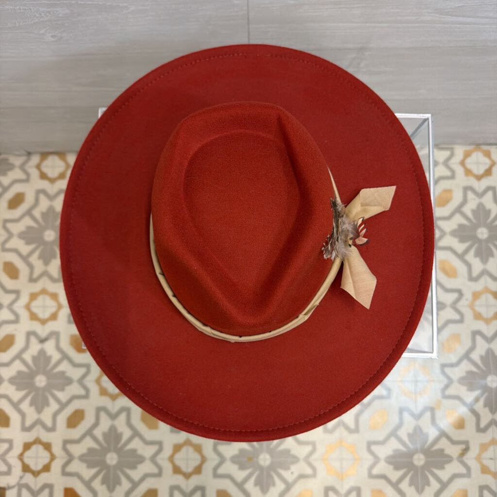 Orange Felt Wide Brim Feather Detail Hat One Size