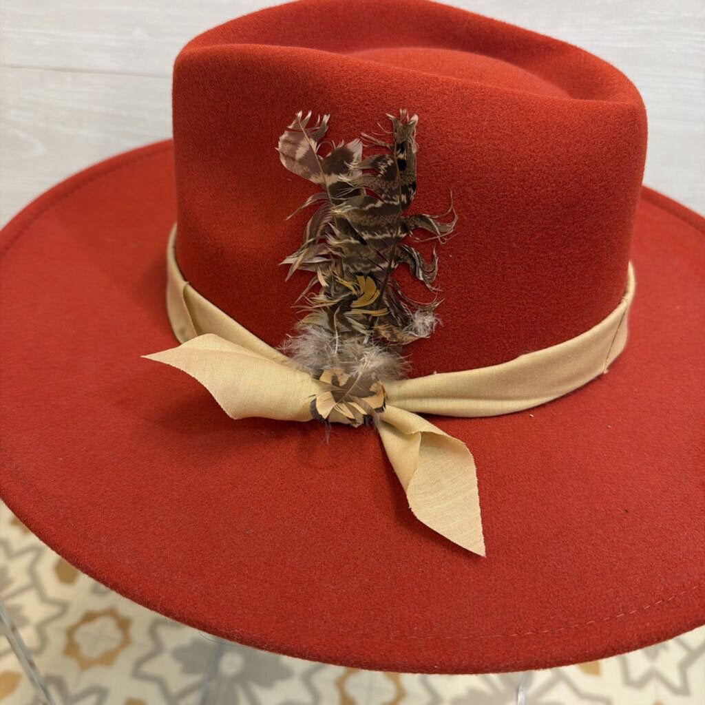 Orange Felt Wide Brim Feather Detail Hat One Size