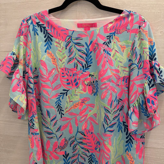 Lilly Pulitzer Blue/ Multi Print Short Flutter Sleeve Top Small