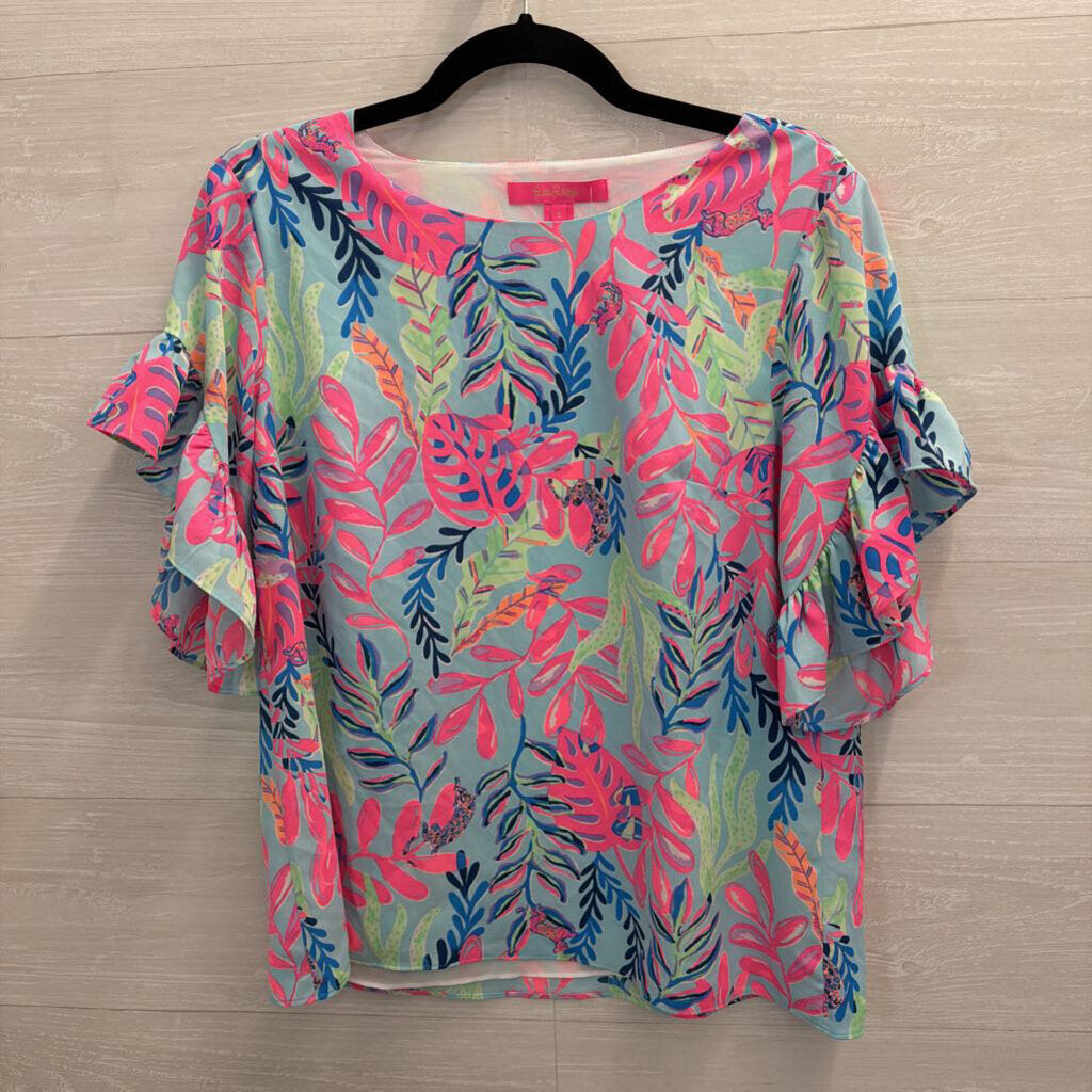 Lilly Pulitzer Blue/ Multi Print Short Flutter Sleeve Top Small