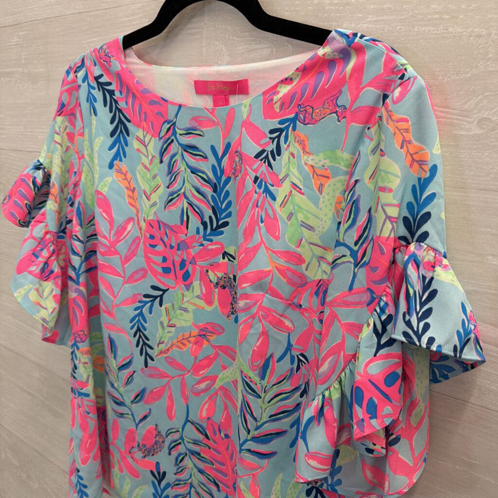 Lilly Pulitzer Blue/ Multi Print Short Flutter Sleeve Top Small