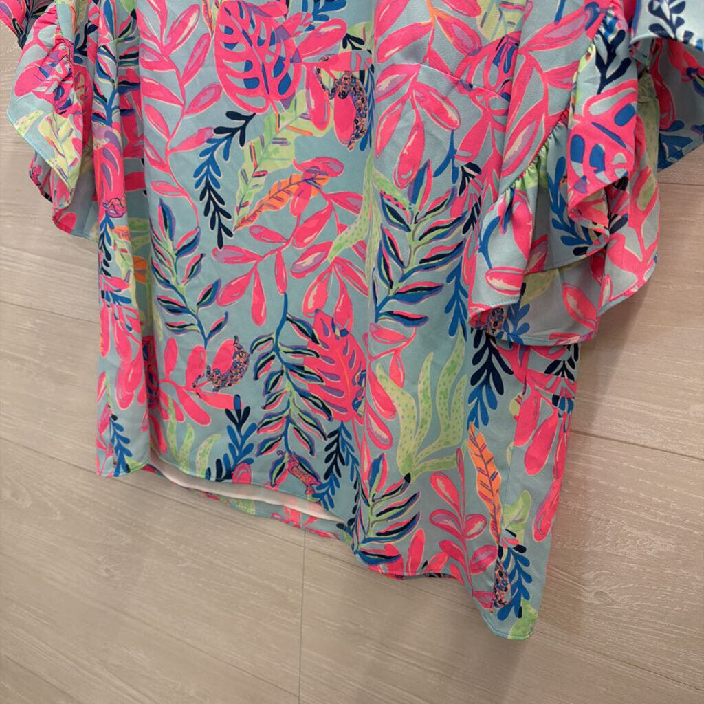 Lilly Pulitzer Blue/ Multi Print Short Flutter Sleeve Top Small