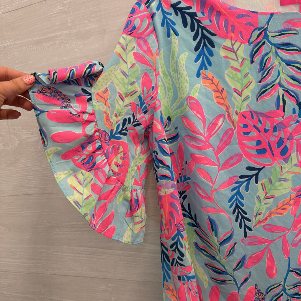 Lilly Pulitzer Blue/ Multi Print Short Flutter Sleeve Top Small