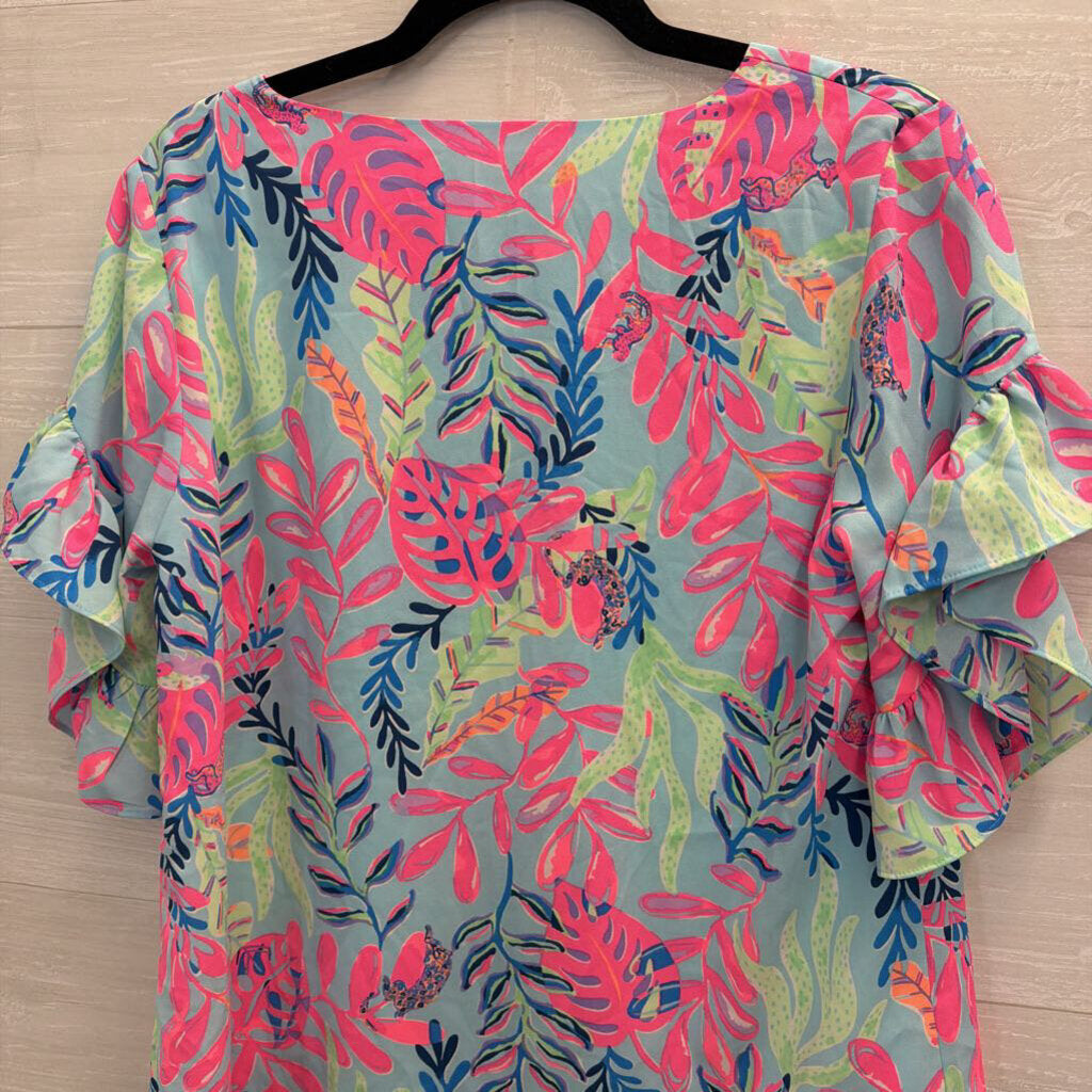 Lilly Pulitzer Blue/ Multi Print Short Flutter Sleeve Top Small