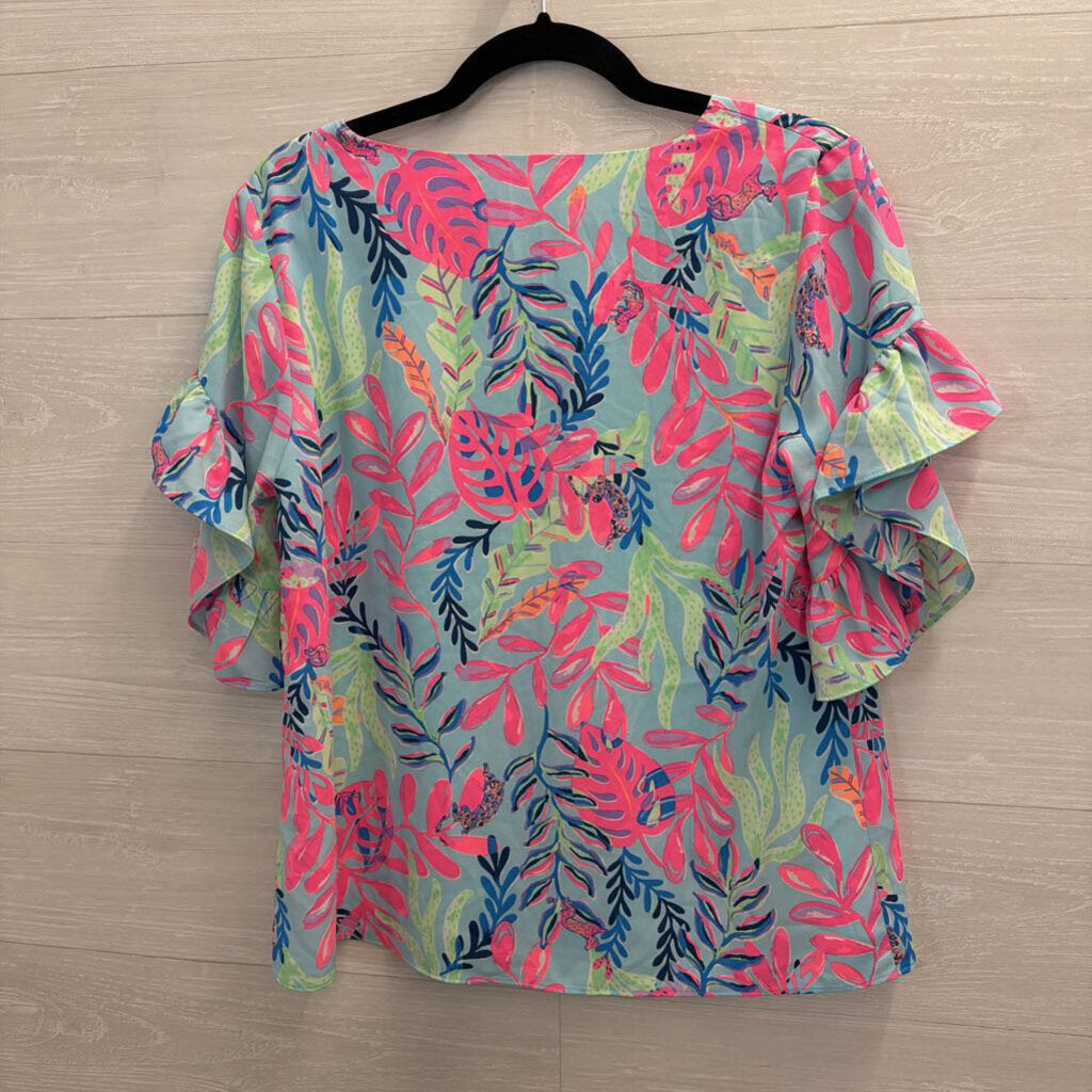 Lilly Pulitzer Blue/ Multi Print Short Flutter Sleeve Top Small