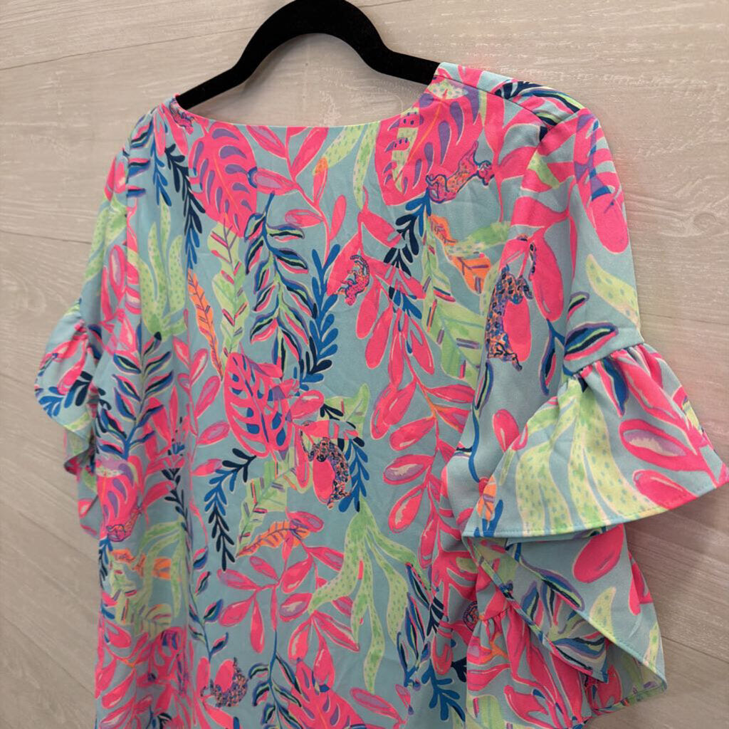Lilly Pulitzer Blue/ Multi Print Short Flutter Sleeve Top Small