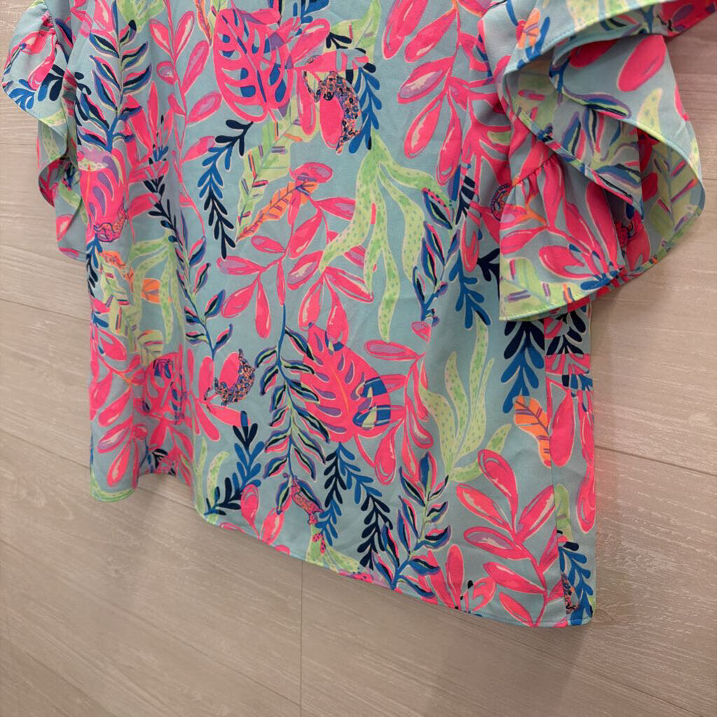 Lilly Pulitzer Blue/ Multi Print Short Flutter Sleeve Top Small