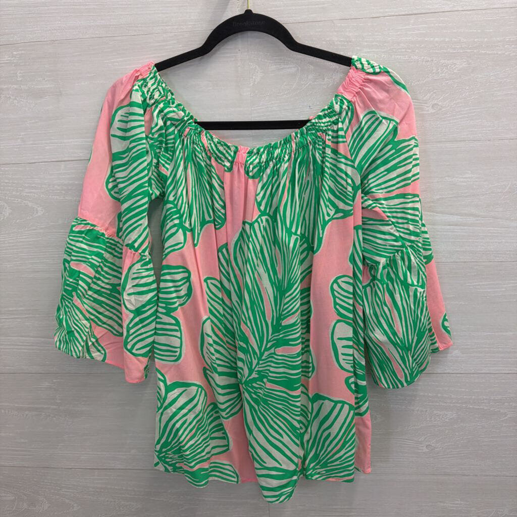 Lilly Pulitzer Pink/ Green Print Off Shoulder Long Sleeve Top Medium