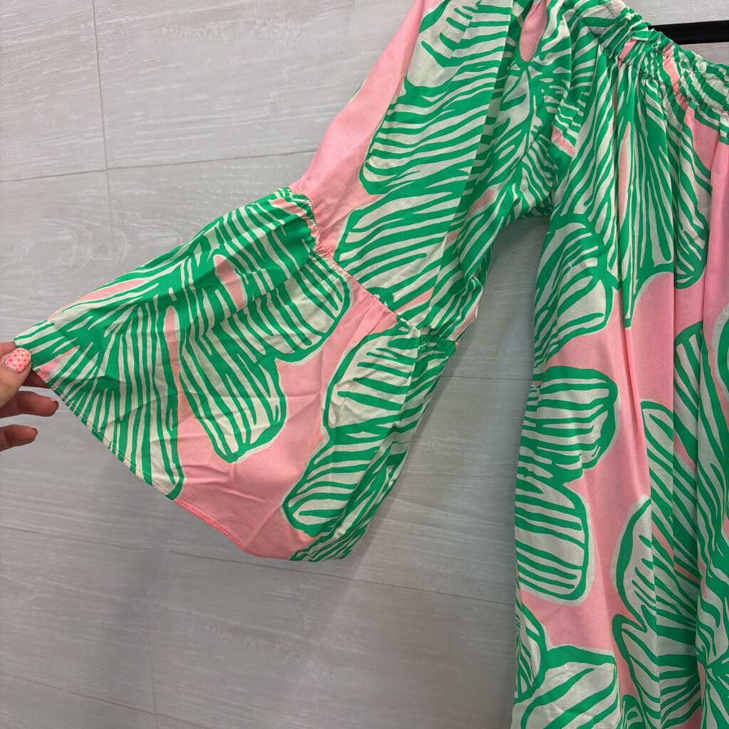 Lilly Pulitzer Pink/ Green Print Off Shoulder Long Sleeve Top Medium