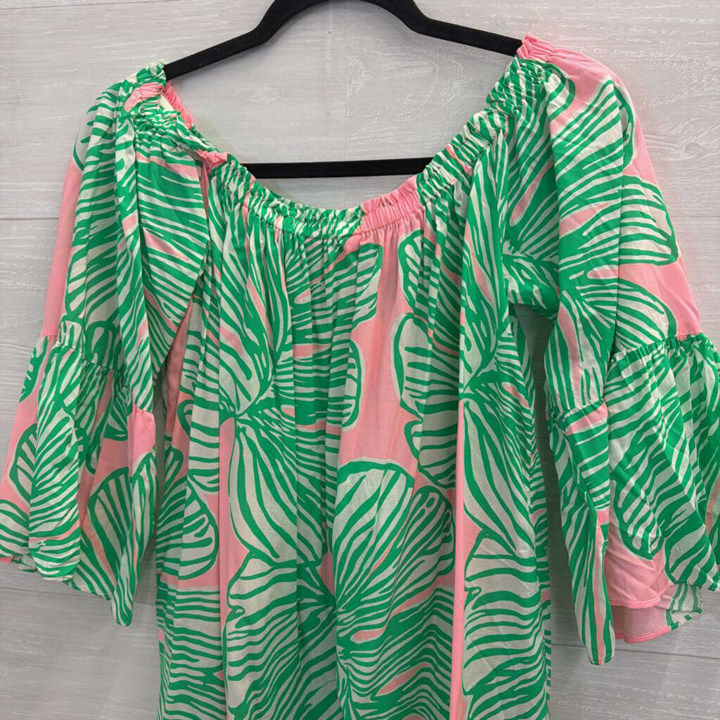 Lilly Pulitzer Pink/ Green Print Off Shoulder Long Sleeve Top Medium