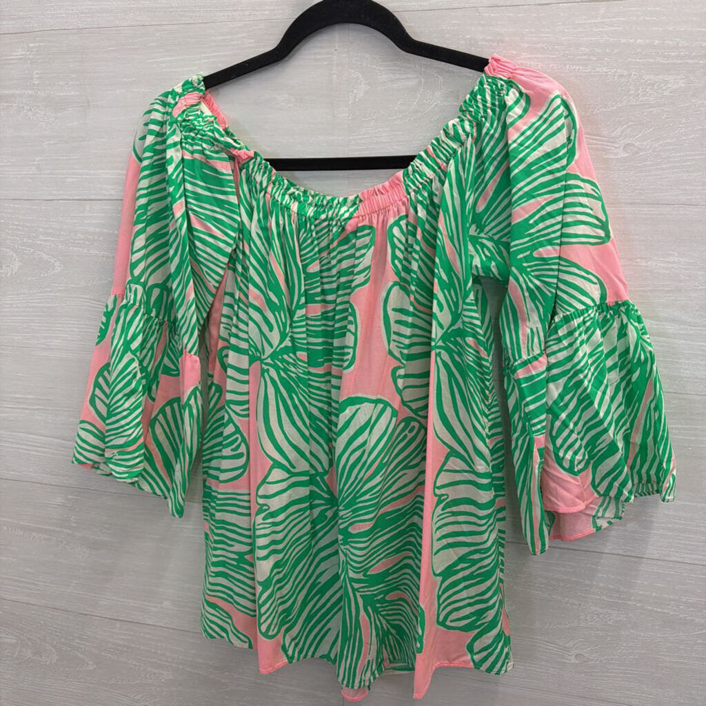 Lilly Pulitzer Pink/ Green Print Off Shoulder Long Sleeve Top Medium