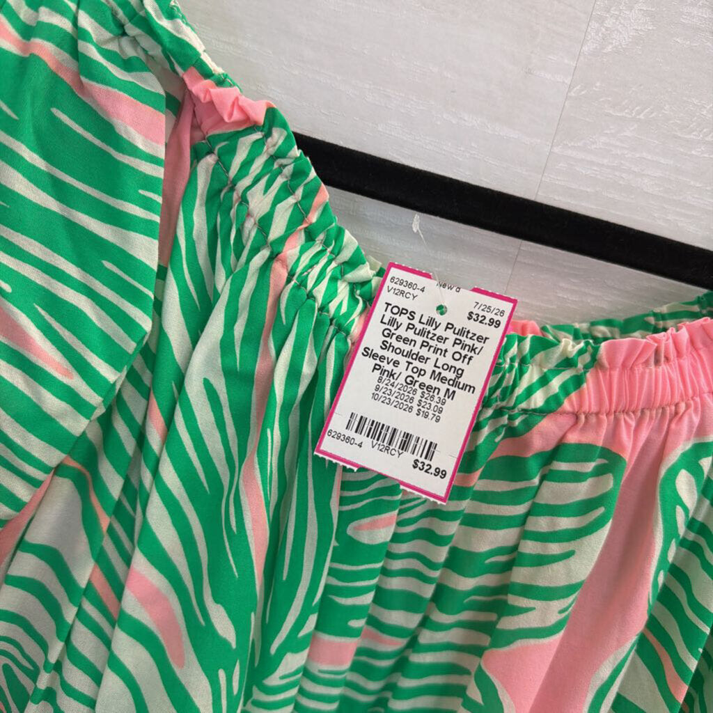 Lilly Pulitzer Pink/ Green Print Off Shoulder Long Sleeve Top Medium