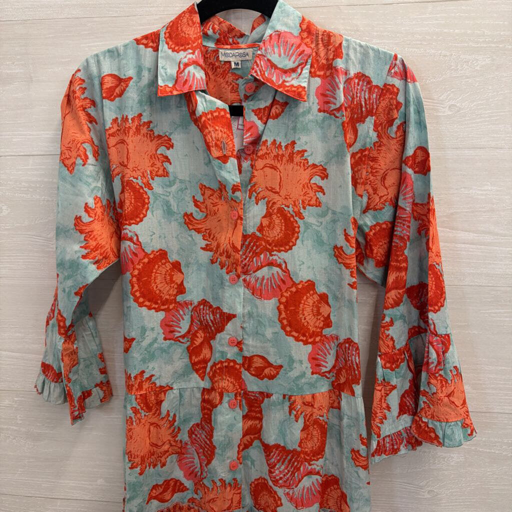 Moda Posa Blue/ Orange Print Long Sleeve Button Down Dress Mediumm