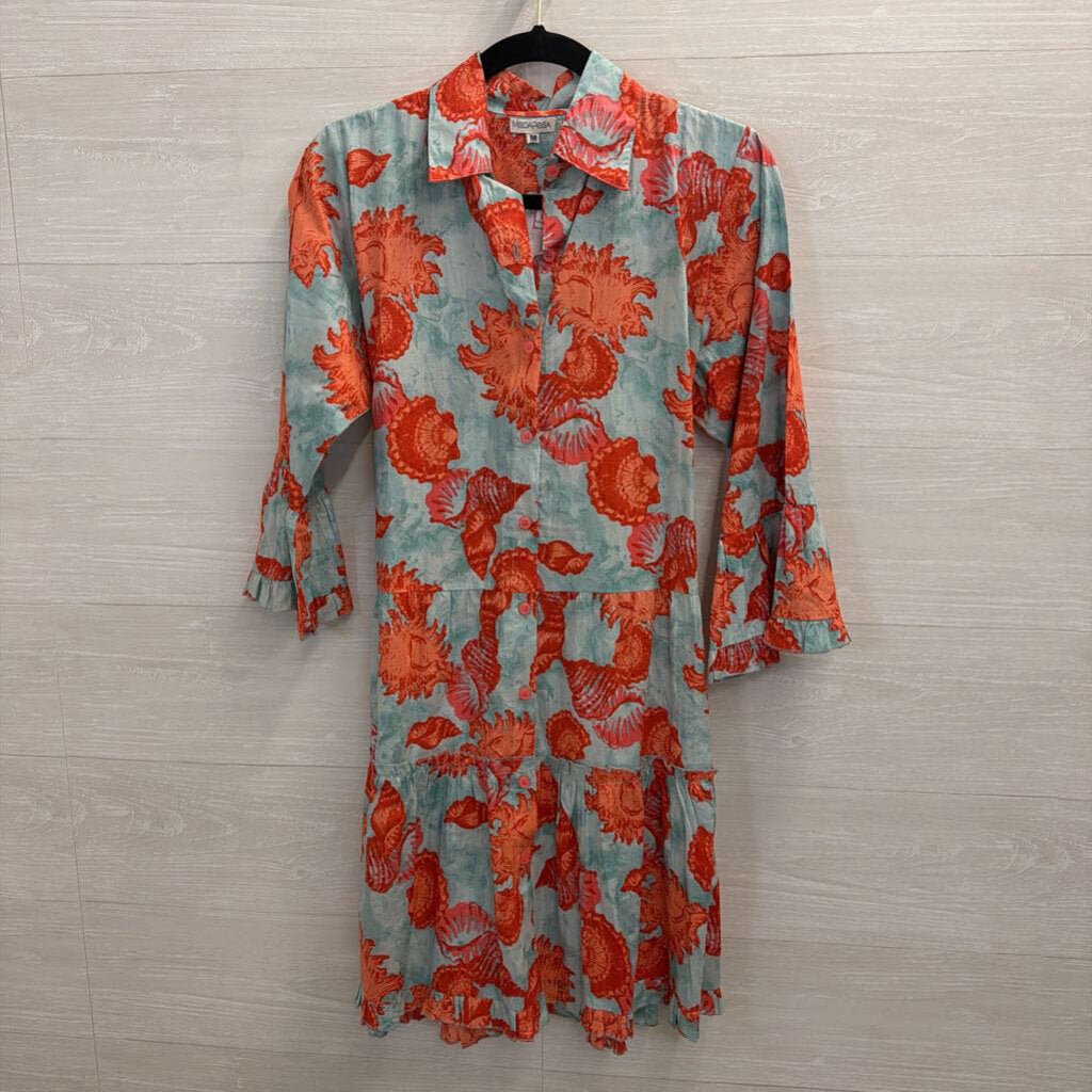 Moda Posa Blue/ Orange Print Long Sleeve Button Down Dress Mediumm