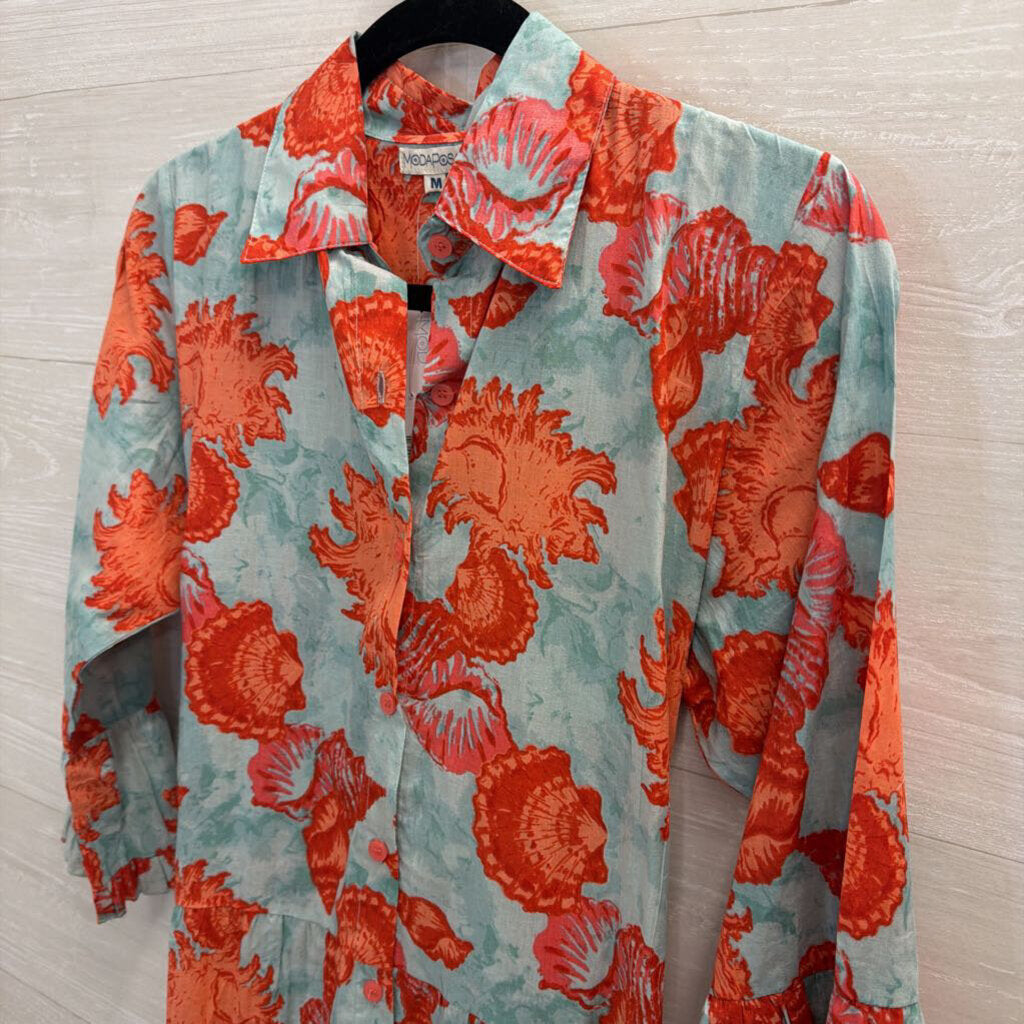 Moda Posa Blue/ Orange Print Long Sleeve Button Down Dress Mediumm