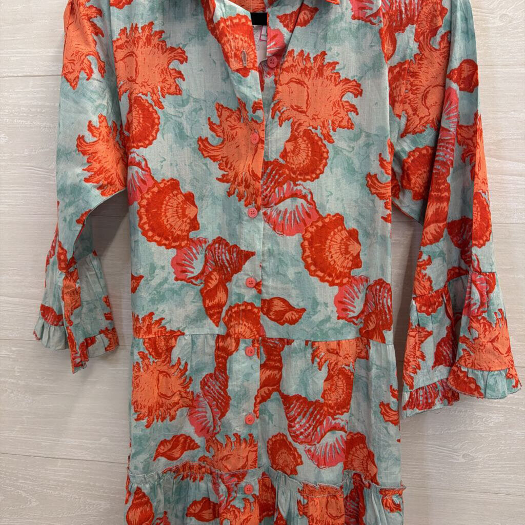 Moda Posa Blue/ Orange Print Long Sleeve Button Down Dress Mediumm