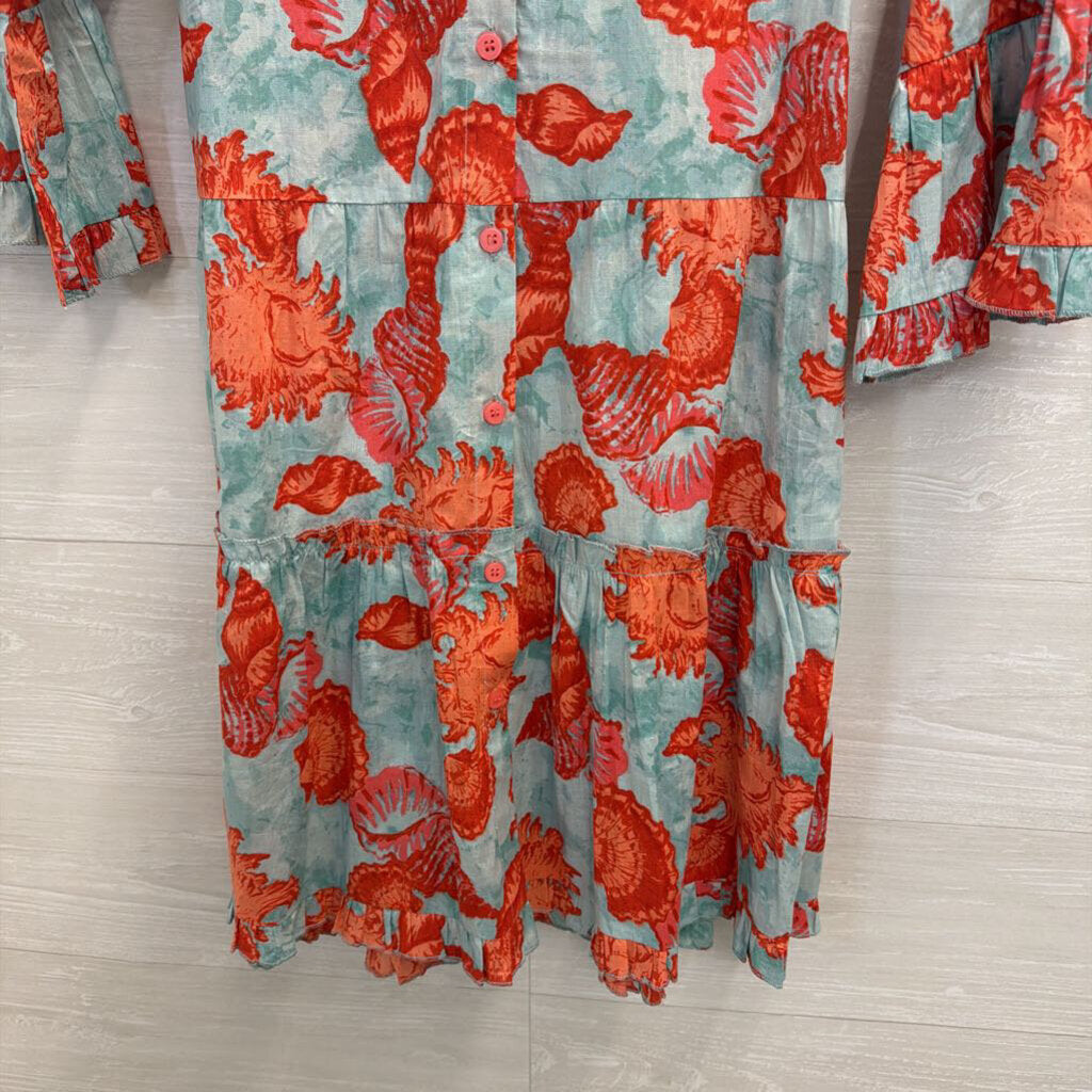 Moda Posa Blue/ Orange Print Long Sleeve Button Down Dress Mediumm