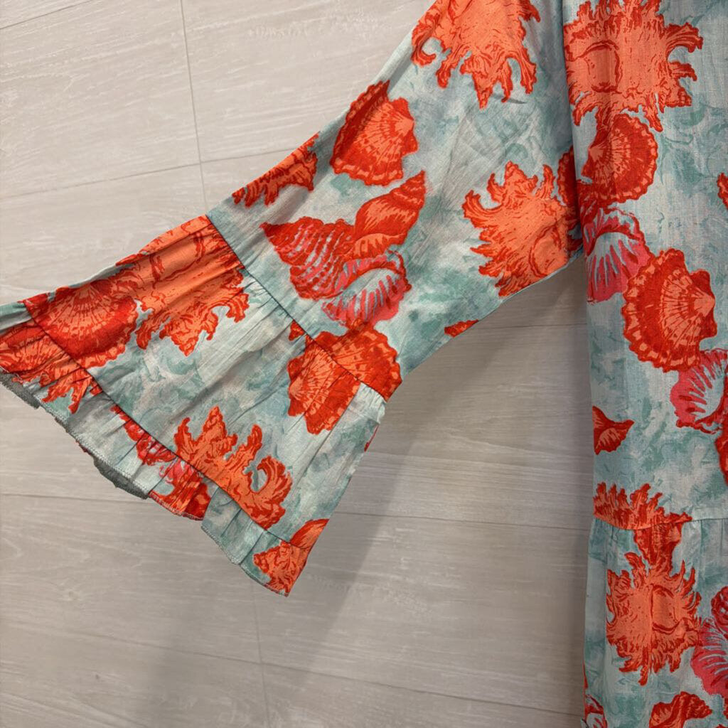 Moda Posa Blue/ Orange Print Long Sleeve Button Down Dress Mediumm