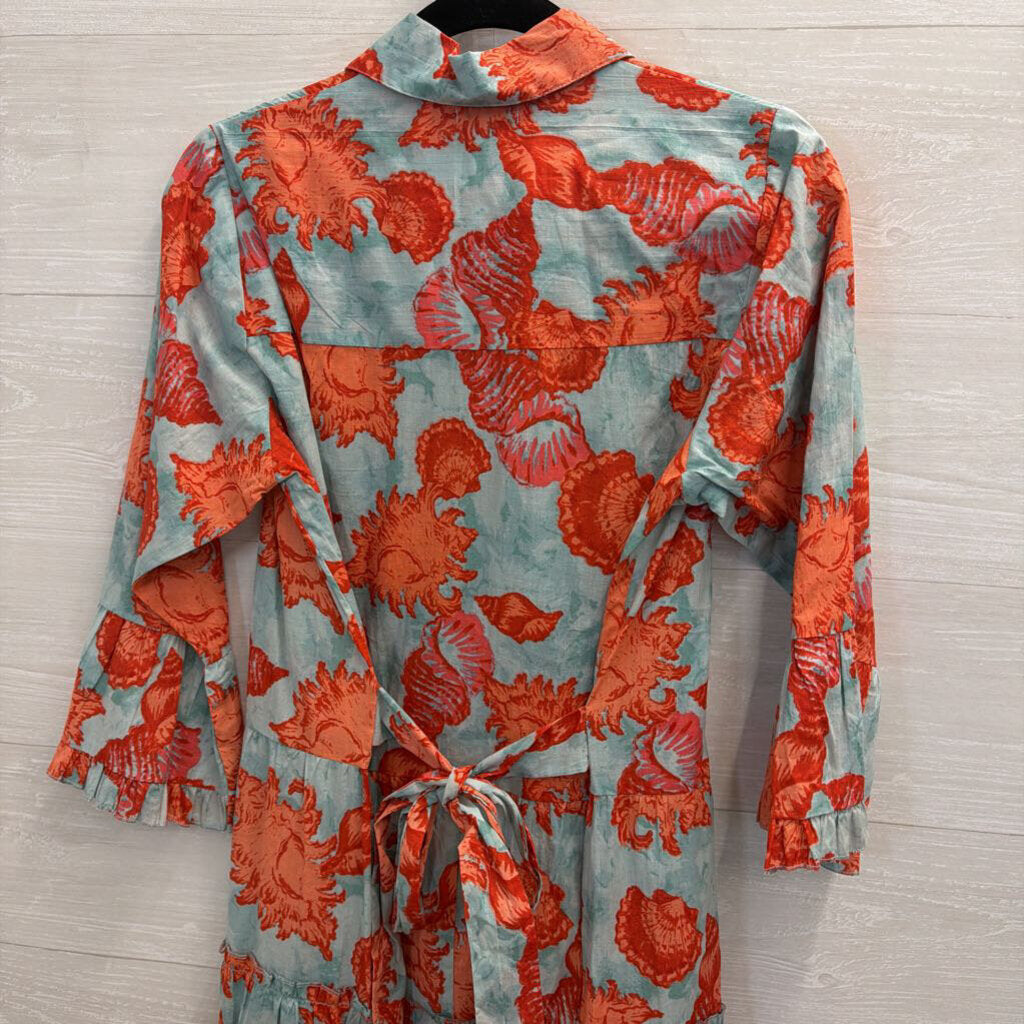 Moda Posa Blue/ Orange Print Long Sleeve Button Down Dress Mediumm
