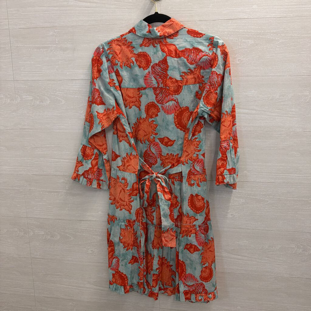 Moda Posa Blue/ Orange Print Long Sleeve Button Down Dress Mediumm