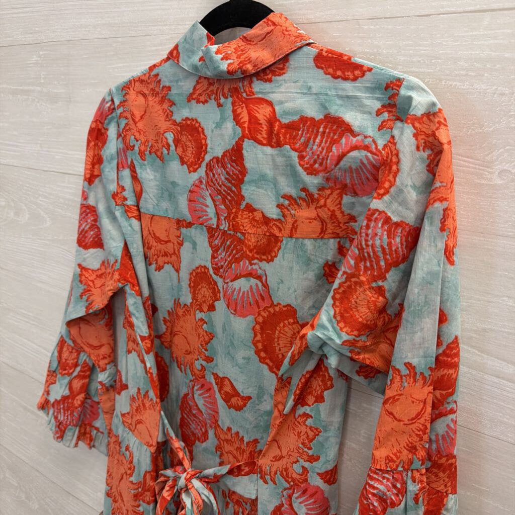 Moda Posa Blue/ Orange Print Long Sleeve Button Down Dress Mediumm