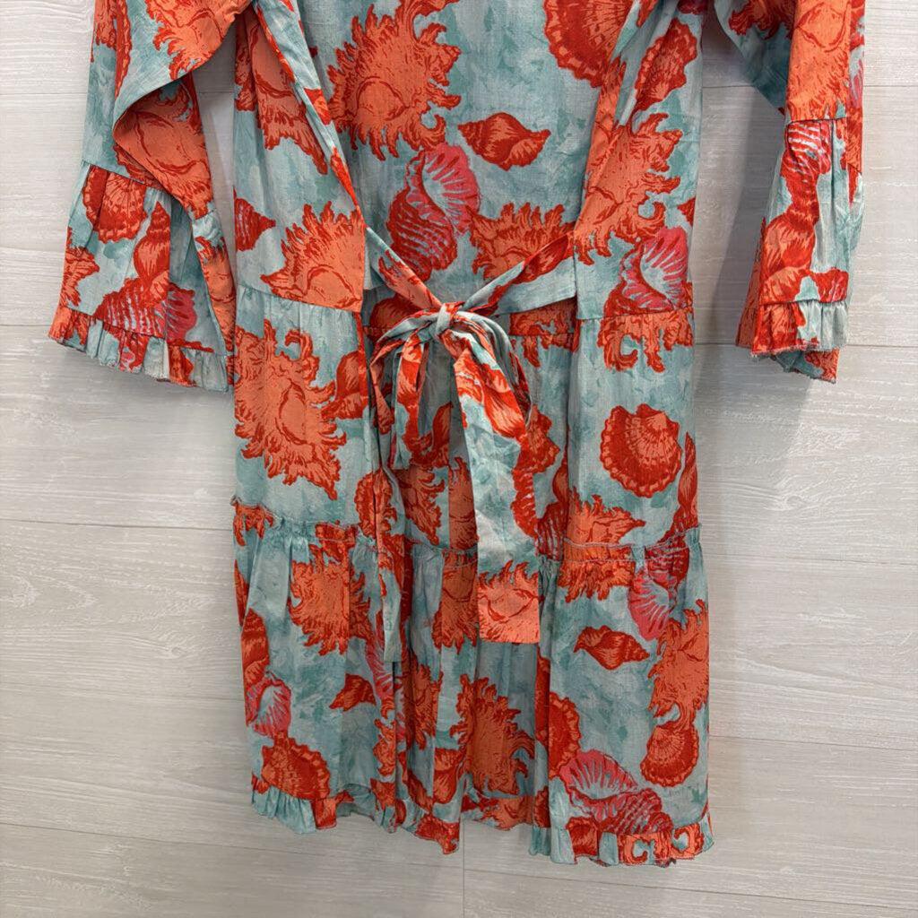 Moda Posa Blue/ Orange Print Long Sleeve Button Down Dress Mediumm