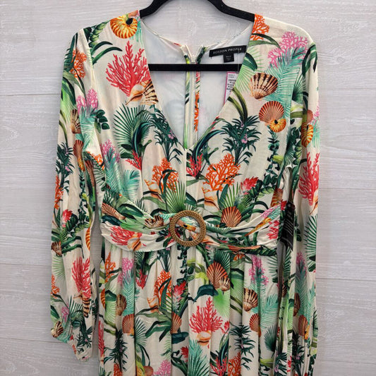 Boston Proper White/ Multi Print Long Sleeve Belted Maxi Dress 6