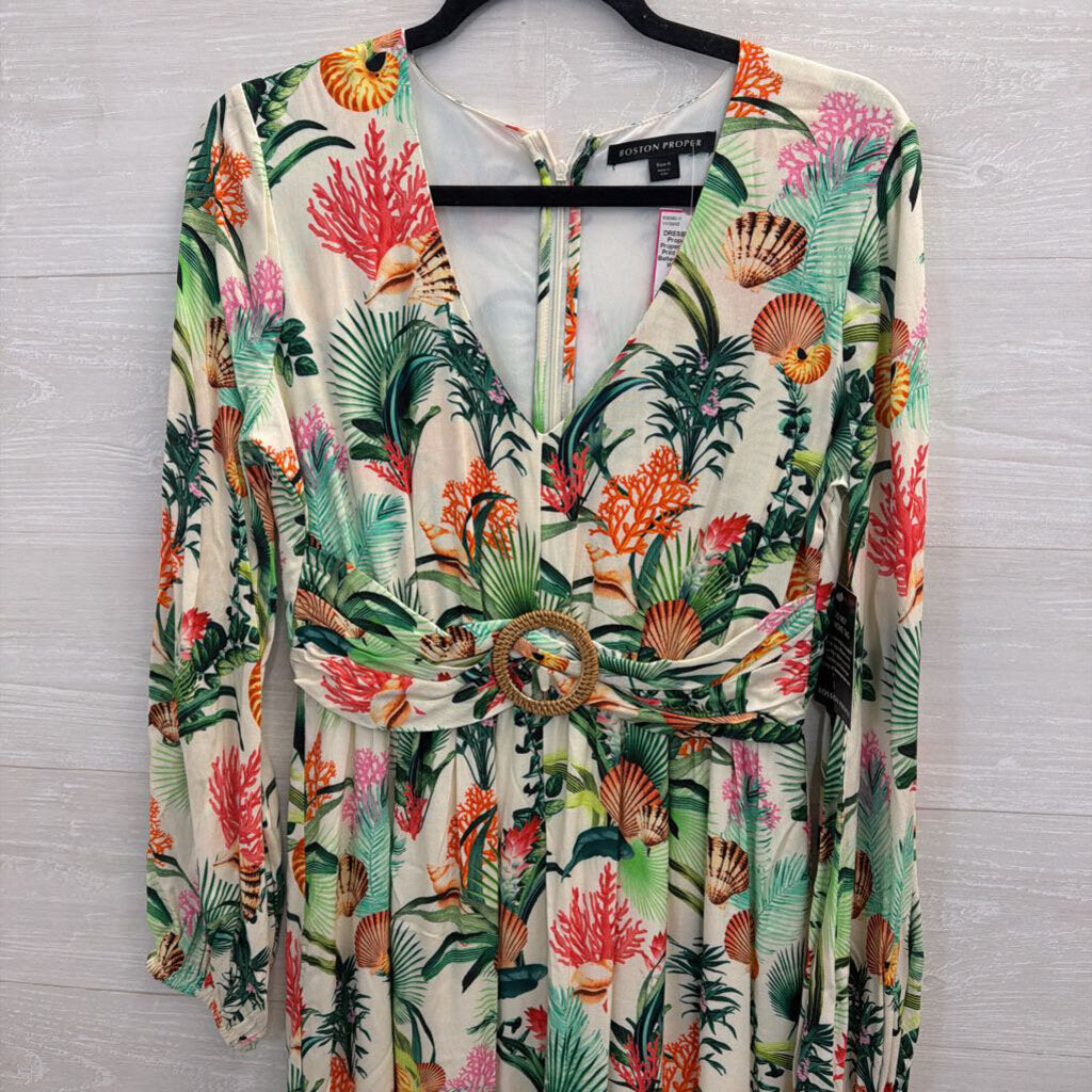 Boston Proper White/ Multi Print Long Sleeve Belted Maxi Dress 6