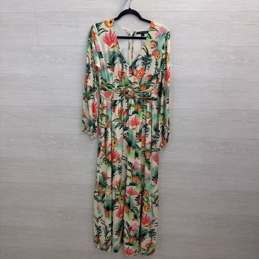 Boston Proper White/ Multi Print Long Sleeve Belted Maxi Dress 6